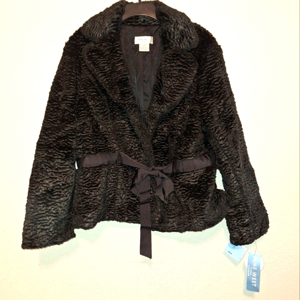 NWT Nine West Black Faux Fur Ribbon Tie Front Coat 2X - Picture 1 of 8
